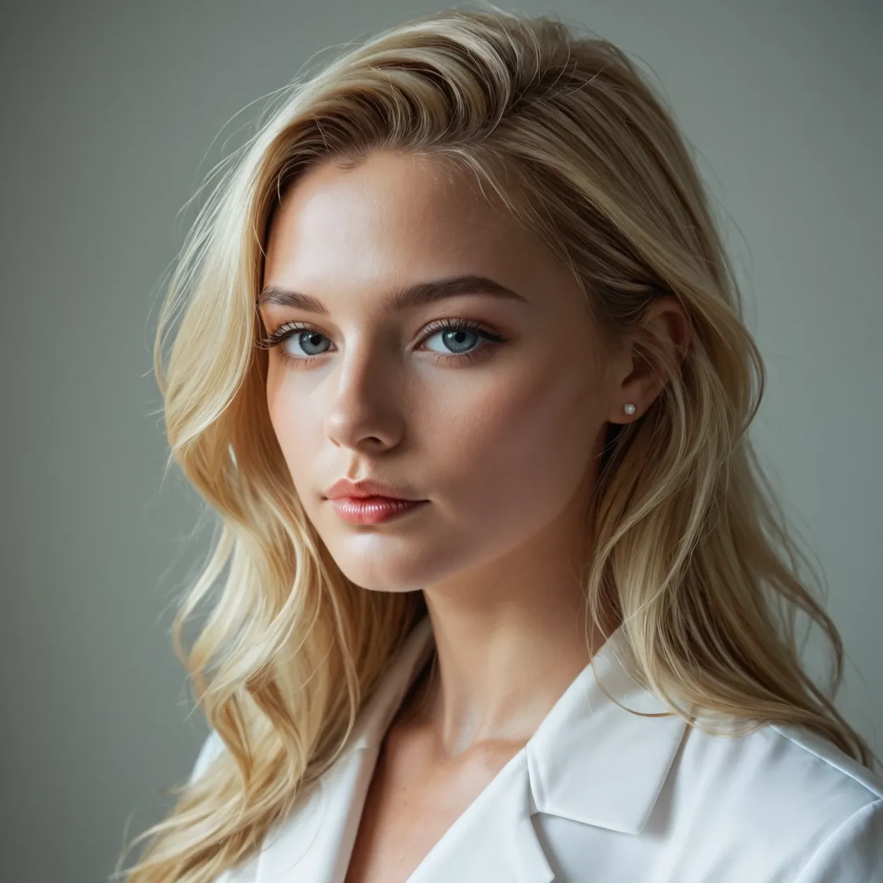 AI blonde girl — studio portrait, professional lighting alt