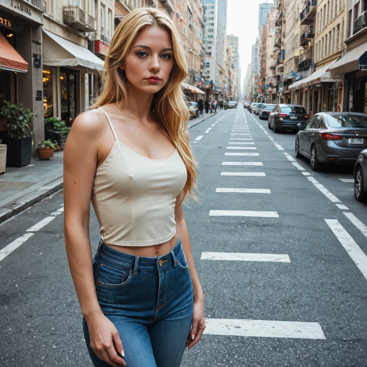 AI blonde girl — casual outfit, city street, golden hour alt