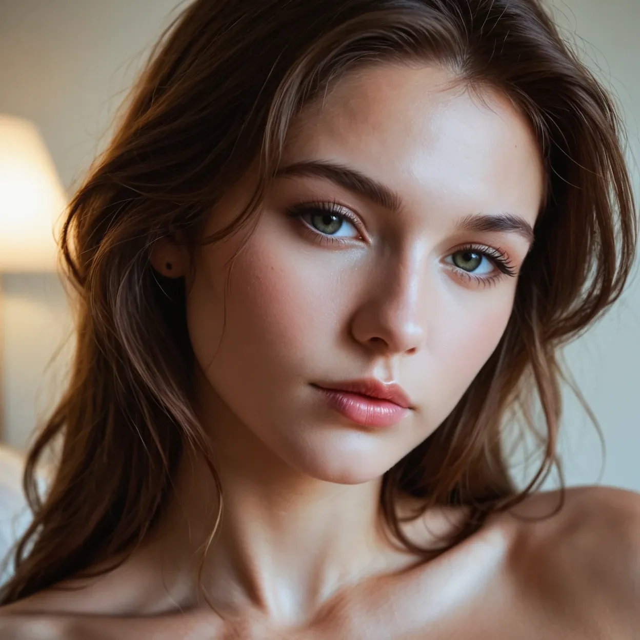 Seductive close-up, parted lips, soft lighting Alt